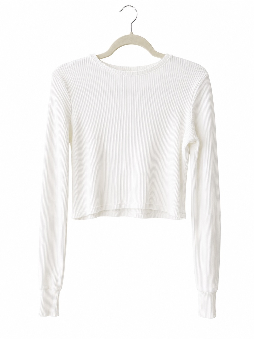 Stradivarius White Ribbed Knit Cropped Long Sleeve Top M